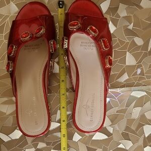 Red Patent Slide Sandals with Jewel Embellishments